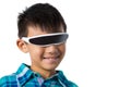 Boy using virtual reality glasses against white background Royalty Free Stock Photo