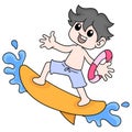 Boy is on vacation playing surfing in the ocean waves, doodle icon image kawaii Royalty Free Stock Photo