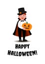 A boy in a vampire costume is standing and holding a pumpkin in his hands. Royalty Free Stock Photo