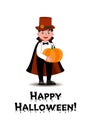 A boy in a vampire costume is standing and holding a pumpkin in his hands. Royalty Free Stock Photo