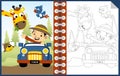 Boy on vehicle cartoon with funny animals, coloring book or page Royalty Free Stock Photo