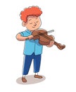 Boy violinist vector character plays violin instrument. Little musician performs. Happy childhood, hobby, entertainment