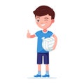 Boy volleyball player stands right with the ball