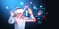 Boy in vr glasses, red alert sign hologram and digital cybersecurity icons Royalty Free Stock Photo