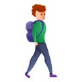 Boy walking backpack icon, cartoon style