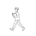 boy walking With a book line art on copy space white background, learning, education and school concept Royalty Free Stock Photo