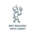 Boy walking with candy line icon, vector. Boy walking with candy outline sign, concept symbol, flat illustration Royalty Free Stock Photo