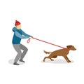 Boy walking a dog. Flat vector illustration