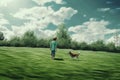 boy walking with a dog on a green summer grassy lawn