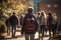 Boy walking friends going class. Generate Ai Royalty Free Stock Photo