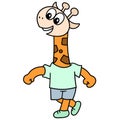 Boy walking giraffe with a smiling face, character cute doodle draw