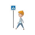 Boy is walking past the sign. Crosswalk. Vector illustration on white background.