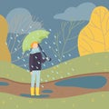 Boy Walking in Rain Under Umbrella, Teen Boy Standing on Autumn Season Background Vector Illustration