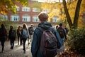 Boy walking school class autumn. Generate Ai