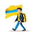 Boy walking with a smile, carrying a backpack, and holding a large flag. Shows patriotism, youth, and happiness. Student