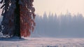 Romantic Winter Landscape With Tall Pine Trees In Bold Colors