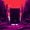 Boy Walking Towards The Purple Door: Post-apocalyptic Superflat Illustration