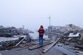 Boy watching the flood in Buenos Aires, Argentina - climate change concept Royalty Free Stock Photo