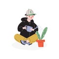 Boy Watering Houseplant, Hobby, Education, Creative Child Development Vector Illustration