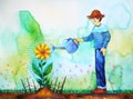 The boy is watering sunflower, watercolor painting design illustration