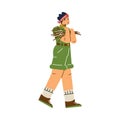 Boy wear scout uniform holds brushwood for a campfire, vector cartoon scout character, summer camp outdoor activities