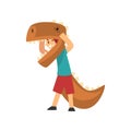 Boy Wearing Dinosaur Costume, Cute Kid Dressed for Carnival or Masquerade Party Vector Illustration Royalty Free Stock Photo