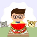 A boy wearing glasses and a bow tie is sitting at a table and eating a watermelon. On a plate of watermelon peel, a cat