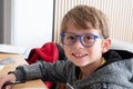 Boy wearing glasses is smiling. He is sitting at a table with a pen and a book Royalty Free Stock Photo