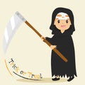 Cute Grim Reaper Holding Scythe, Halloween Cartoon Vector Royalty Free Stock Photo