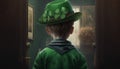 A boy wearing leprechaun hat, hand holding a green beer, back view St. Patrick\'s day generative AI