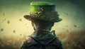 A boy wearing leprechaun hat, hand holding a green beer, back view St. Patrick\'s day generative AI