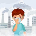 Boy wearing N95 mask. Dust PM 2.5 air pollution, young men breath protection and safe face mask cartoon vector Royalty Free Stock Photo