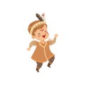 Boy wearing native Indian costume and headdress dancing, kid playing in American Indian vector Illustration on a white Royalty Free Stock Photo