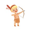 Boy wearing native Indian costume and headdress shooting a bow, kid playing in American Indian vector Illustration on a Royalty Free Stock Photo