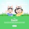 A boy wearing rabbit ears emerged from a merrily decorated brown egg, Easter egg, illustration vector, kids concept