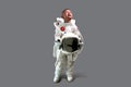 Boy wearing space suit and helmet standing cry and looking up Royalty Free Stock Photo