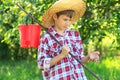 Boy wearing straw hat looking at caught fish Royalty Free Stock Photo