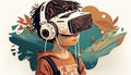 Boy wearing Virtuality google for Metaverse Technology concept banner.