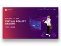 Boy wearing VR glasses playing video game with joystick, responsive landing page design for Virtual reality gaming concept.