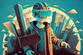 Boy Wearing a VR headset Traveling in a Metaverse Futuristic City.