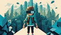 Boy Wearing a VR headset Traveling in a Metaverse Futuristic City, Generative AI
