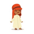 Boy wearing in white dress and red muslim headdress, national costume of Saudi Arabia colorful character vector