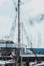 Boy fisherman rowing oars in a fishing boat among yachts moored in a port on the sea coast in the Netherlands in the early morning Royalty Free Stock Photo