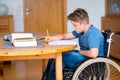 Boy in wheelchair doing homework Royalty Free Stock Photo