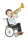 Boy in wheelchair playing trumpet. School lesson and educational concept. Educational concept. Sketch