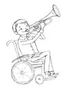 Boy in wheelchair playing trumpet. School lesson and educational concept. Sketch