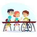 Boy in wheelchair sitting at table in canteen and talking to friends. Happy kids students having conversation. School inclusion co