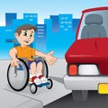 Boy wheelchair struggling to get around because the car parked in front of the ramp for the disabled Royalty Free Stock Photo