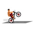 illustrations flat design of a boy wheelie bicycle on the road