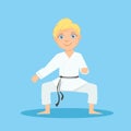 Boy In White Kimono In Defensive Stance On Karate Martial Art Sports Training Cute Smiling Cartoon Character Royalty Free Stock Photo